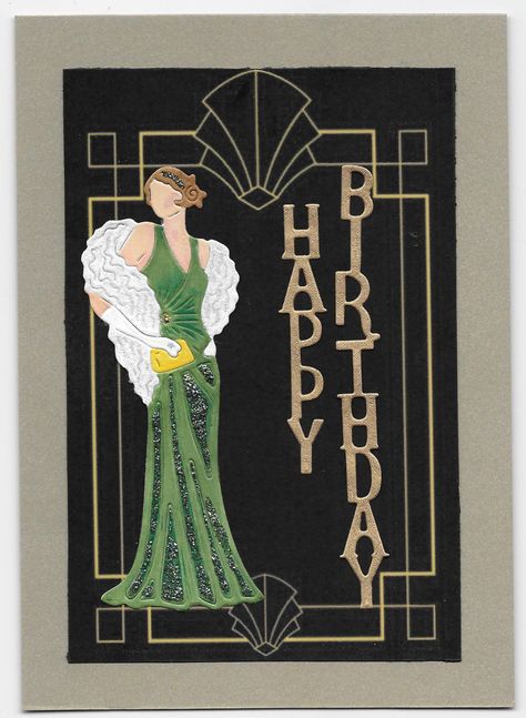 Birthday Cards Women, Art Deco Birthday, Happy Birthday Illustration, Art Deco Cards, Tattered Lace Cards, Birthday Illustration, Dress Card, Birthday Art, Art Deco Lady