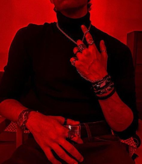 Red and Black aesthetic with rings Red Masculine Aesthetic, Aaron Fuller, Red Editorial, Red And Black Aesthetic, Light Photoshoot, Red Hands, Chains Aesthetic, Red Guy, Hand Rings