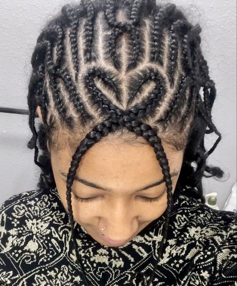 black girl with front half hair braided. heart shaped braid hairstyle. criss cross braids. Heart Cornrows Braids Natural Hair, Stud Braids, Cornrows Heart, Poc References, Heart Cornrows, Hairstyles Braids Cornrows, Freestyle Braids, Kids Cornrows, Cornrows Natural