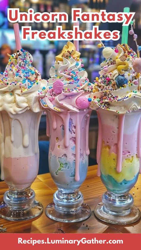 Indulge in the ultimate treat with these Unicorn Fantasy Freakshakes! These colorful, over-the-top milkshakes are a dreamy combination of vibrant ice cream, whipped cream, and candy galore. Perfect for parties, celebrations, or whenever you feel like adding a little magic to your day. Edible Glitter, Unicorn Horn, Milkshakes, Whipped Cream, Small Bowls, Sprinkles, Feel Like, Cake Decorating, Ice Cream