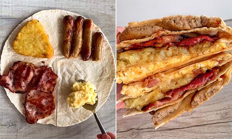 Folded Wraps, Tiktok Breakfast, Tortilla Trend, Breakfast Wraps Recipes, Pizza Tortilla, Breakfast Wrap, Picnic Menu, Hp Sauce, Bento Lunchbox