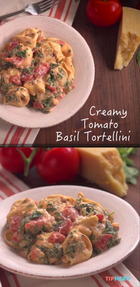 Creamy Tomato Basil Tortellini Recipe | With 10 minutes to prep and 25 to bake - here's a tasty meal you can whip up mid-week. Made with tortellini, cream sauce, basil, chili flakes, parmesan and spinach, it's quite the flavorful dish. Click for the recipe and how to video.  #dinnertime #pasta #pastadishes #weeknight #easymeals #familydinner Creamy Tomato Basil Tortellini, Tomato Basil Tortellini, Spiral Zucchini, Tortellini Recipe, Tortellini Recipes, Tortellini Pasta, Pasta Dinners, Chili Flakes, Tomato Basil