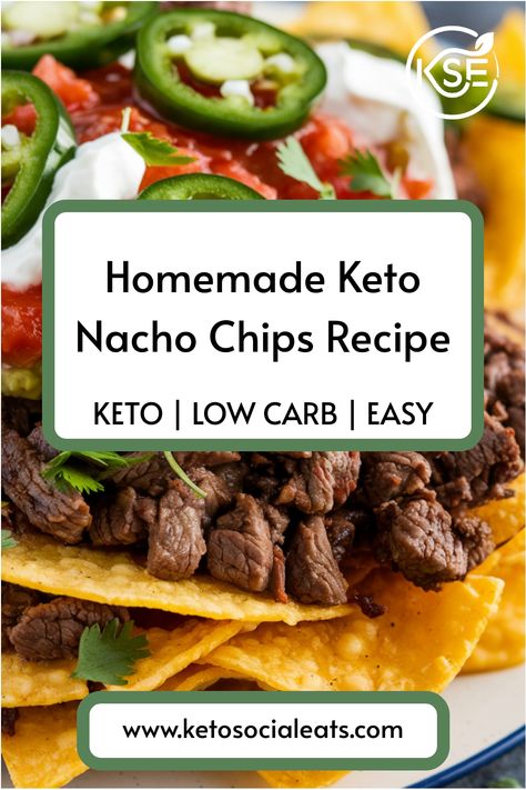 Homemade keto nacho chips topped with beef, jalapeños, sour cream, and salsa; recipe featured on ketosocialeats.com. Keto Nacho Chips, Nacho Chips Recipe, Easy Nacho Cheese, Nacho Recipes, Beef Nachos, Almond Crusted Chicken, Crusted Chicken Tenders, Butter Chicken Curry, Easy Dinner Options