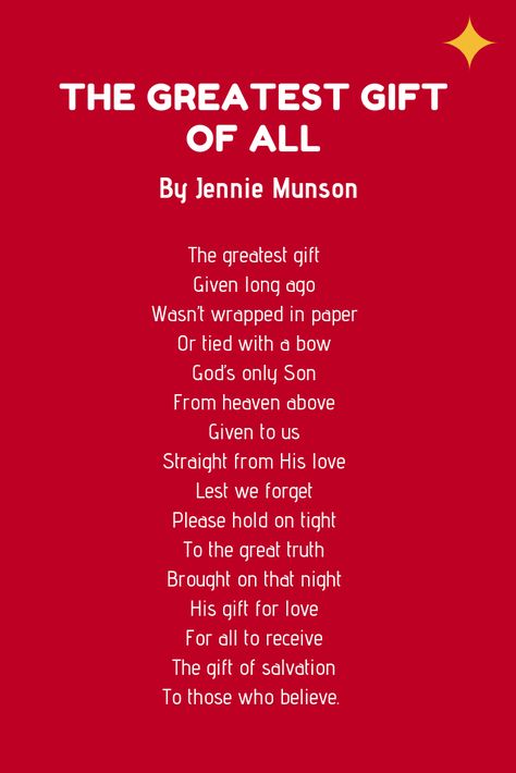 Short Christmas Poems For Kids Children, Jesus Is The Gift Poem, Christmas Prayers For Kids, Christmas Speeches For Children, Advent Poem For Kids, The Greatest Gift Of All Jesus, Christmas Poems About Jesus, Christmas Eve Poem, Christmas Poems For Kids Church