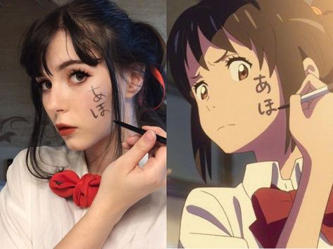 Brown Hair Anime Cosplay, Cosplay Brown Hair Characters, Easy Anime Costumes Women, Brown Hair Cosplay Characters, Black Hair Cosplay Ideas, Cosplay Brown Hair, Simple Anime Cosplay, Cosplays Faciles, Mitsuha Cosplay