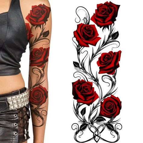 temporary tattoo red rose flower temp tattoo Rose Vine Tattoos, Rose Tattoo On Arm, Tattoo Hip, Skull Rose Tattoos, Rose Tattoo Sleeve, Rose Tattoos For Women, Female Body Art, Forearm Band Tattoos, Temporary Tattoo Sleeves