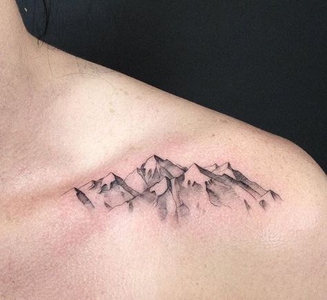 Chest Mountain Tattoo, Mountain Tattoo Collar Bone, Shoulder Mountain Tattoo, Mountain Collar Bone Tattoo, Mountaineer Tattoo, Skiing Tattoo, Moutain Tattoos, Colorado Tattoo, Single Needle Tattoo