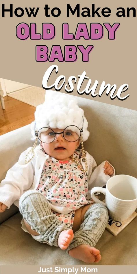 Make a simple old lady baby costume this halloween. Follow the steps and have a costume ready in no time to get all the attention on your sweet little baby. Baby Old Lady Costume, Old Lady Baby Costume, Old Lady Halloween Costume, Old Lady Halloween, Old Lady Wig, Baby Wig, Diy Baby Costumes, Baby Glasses, Old Lady Costume