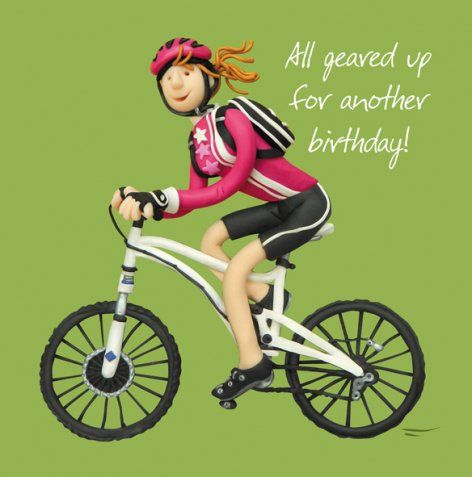 Geared up birthday by Erica Sturla - Unique Greetings Cards & Gifts Happy Birthday Cyclist, Happy Birthday Fitness, Happy Birthday Lady, Mountain Biker Gifts, Birthday Greetings For Sister, Birthday Lady, 90th Birthday Cards, Happy Birthday Woman, Cyclist Gifts