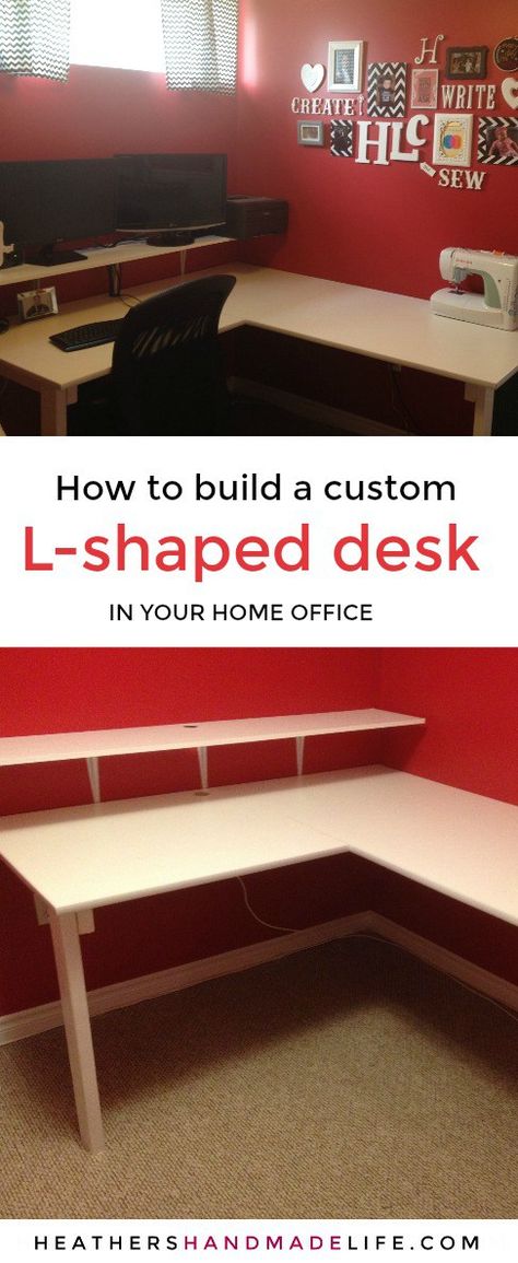 Build a custom L-shaped desk for your home office {Heather's Handmade Life} L Desk With Storage, Custom L Shaped Desk, Diy L Desk With Storage, Diy Office Desk L Shaped, Youtuber Office, L Shaped Desk Diy, Diy L Shaped Desk, L Shaped Desk Plans, Redecorating Bedroom