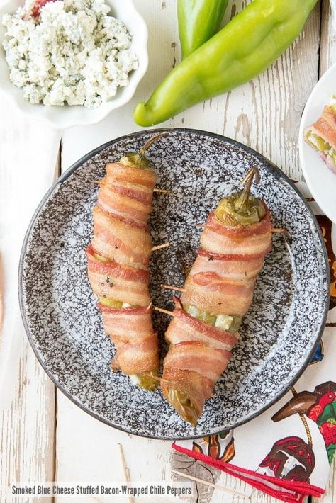 Smoked Blue Cheese Stuffed Bacon-Wrapped Chile Peppers Bacon Wrapped Peppers, Recipes Using Bacon, Green Chile Chicken Soup, Anaheim Peppers, Bacon Wrapped Cheese, Rellenos Recipe, Hatch Chiles, Stuffed Anaheim Peppers, Easy Grilling Recipes