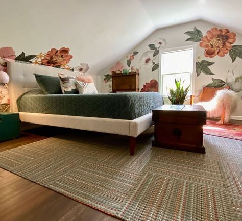 Here’s a little secret. I’ve remodeled many, many rooms yet I’ve never hung one piece of wallpaper. (I’ve actually had nightmares about… | Instagram Attic Wallpaper Slanted Ceiling, Wallpaper Attic Bedroom, Attic Bedroom Ideas, Cottagecore Ideas, Retro Dresser, Bedroom Decals, Feminine Bedroom, Antique Side Table, Extra Bedroom