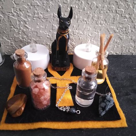 Anubis Altar, Lord Anubis, Egyptian Altar, Kemetic Paganism, Ancestors Altar, Ancestor Altar, Alter Ideas, Anubis Statue, Egyptian Aesthetic