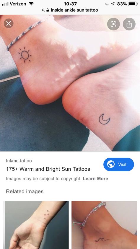 Inside Ankle Tattoo, Matchy Tattoos, Inside Ankle Tattoos, Sun Moon Tattoo, Tattoo Ankle, Moon Sun Tattoo, Circle Tattoo, Sun Tattoos, Ankle Tattoo