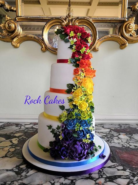 Out of my comfort zone with this one, not my usual style. All handmade flowers Lesbian Wedding Cake Ideas, Lesbian Wedding Ideas Decor, Mrs And Mrs Lgbt Wedding Ideas, Pride Wedding Cake, Wedding Cake Rainbow, Gay Wedding Ideas Decor, Rainbow Wedding Decor, Pride Wedding Ideas, Rainbow Wedding Ideas