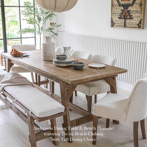 Tie-on Cushion for Andersson & Barn Bench – Still and Bloom Timber Dining Table Styling, Wood Dining Table Rustic, Reclaimed Wood Benches, Dining Table Rustic, Reclaimed Wood Dining Table, Farmhouse Kitchen Tables, Home Still, Blue Banner, Small Paint