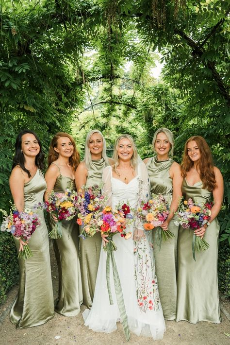 Bright Flowers Wedding Bridesmaids, Wild Flower Wedding Theme Bridesmaid, Wildflower Wedding Theme Groomsmen, Wildflower Wedding Theme Bridesmaid, Wildflower Bridesmaid Bouquet, Wildflower Bridesmaid Dresses, Green Wildflower Wedding, Mismatched Green Bridesmaid Dresses, Moss Green Wedding