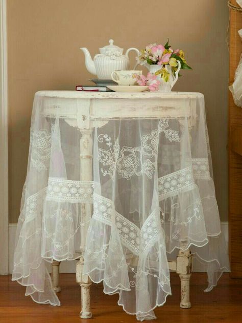 pretty lace tablecloth French Textiles, Victorian Aesthetic, Shabby Chic Dresser, April Cornell, Shabby Chic Interiors, Shabby Chic Bedrooms, Embroidered Border, Shabby Chic Diy, Lace Tablecloth