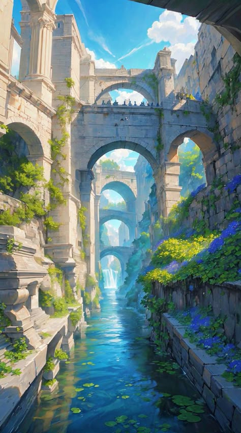 Fantasy Coast Art, Fantasy Waterfall City, City Inside Mountain Concept Art, Desert Environment Concept Art, Fantasy River City, Fantasy Port City, Fantasy Landscape Concept Art, Fantasy City Art, Concept Art Environment