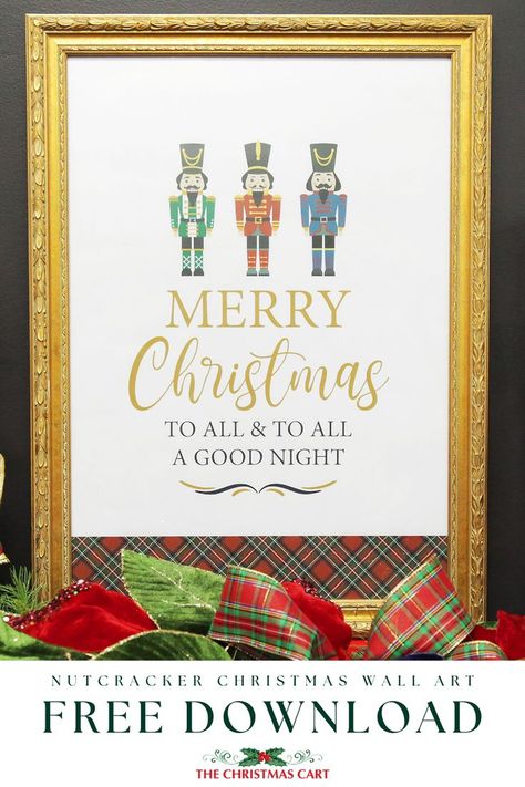 Spread holiday cheer with our free printable wall art featuring enchanting nutcracker designs and the classic phrase 'Merry Christmas to All and to All a Good Night.' Perfect for adding a touch of whimsy to your seasonal decor. Download our print now and adorn your home with the spirit of the Nutcracker Christmas! Check out our inspiration gallery for more inspiration on what to pair this print with and how to decorate with nutcracker Christmas decorations. Free Nutcracker Printable, Nutcracker Printables Free, Nutcracker Christmas Decorations Ideas, Nutcracker Quotes, The Nutcracker Christmas, Nutcracker Design, Nutcracker Christmas Decorations, Christmas Download, Free Printable Wall Art