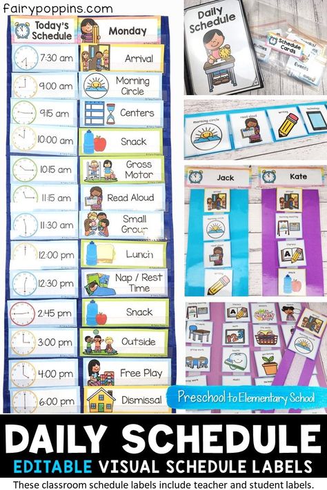 These classroom visual schedule printables help students know what is happening next and when. They include teacher labels, student labels, homeschool labels and schedule planners. Suitable for Preschool, Pre-K, Kindergarten, First Grade, Second Grade and Special Education. #dailyschedule #visualschedule #classroomschedule #visualsupport #specialeducation #learningschedule #prek #kindergarten #firstgrade #secondgrade #homeschool #specialneeds Classroom Daily Schedule, Daily Schedule Cards, Visual Timetable, Classroom Schedule, School Preparation, Schedule Cards, Classroom Routines, Visual Schedule, Early Learning Activities