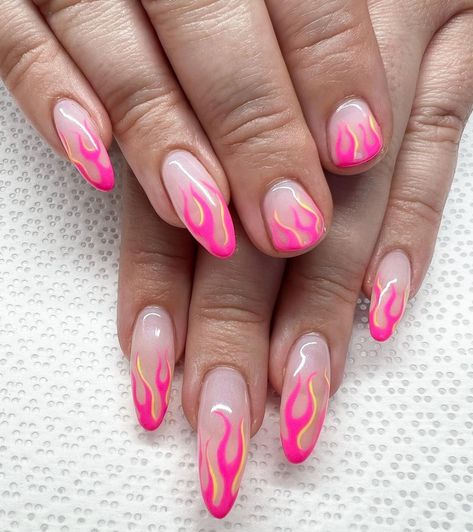 Pink And Orange Flame Nails, Short Almond Flame Nails, Nail With Flames, Easy Flame Nails, Neon Flame Nail Art, Hot Pink Flame Nails, Flame Nails Short, Orange Flame Nails, Short Flame Nails