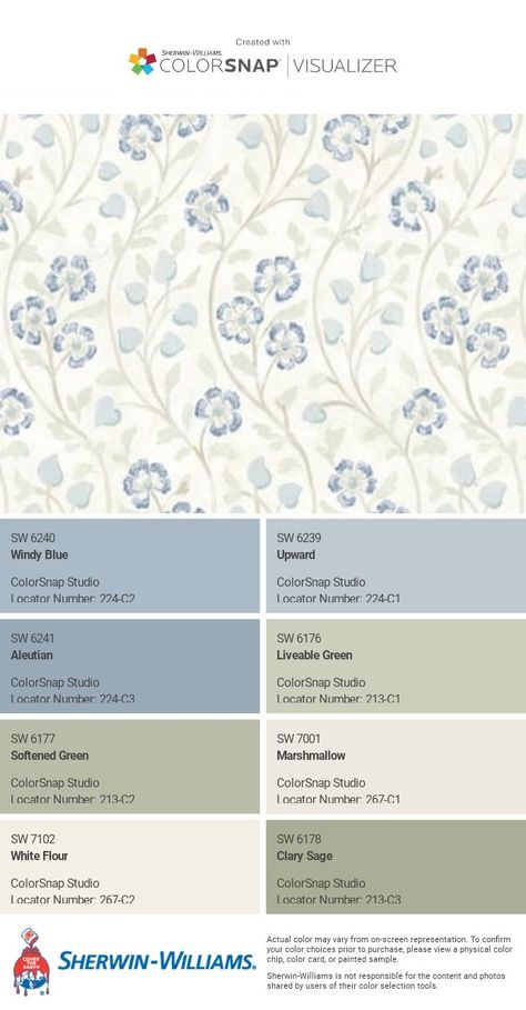 Livable Green Color Palette, White Walls Blue Trim Bedroom, Cottage Bathroom Colors, Cottage Color Palette Sherwin Williams, Sw Faded Flax Flower, Sherwin Williams Faded Flax Flower, Southern Home Color Palette, Broccoflower Sherwin Williams, Sherwin Williams Meadow Sage