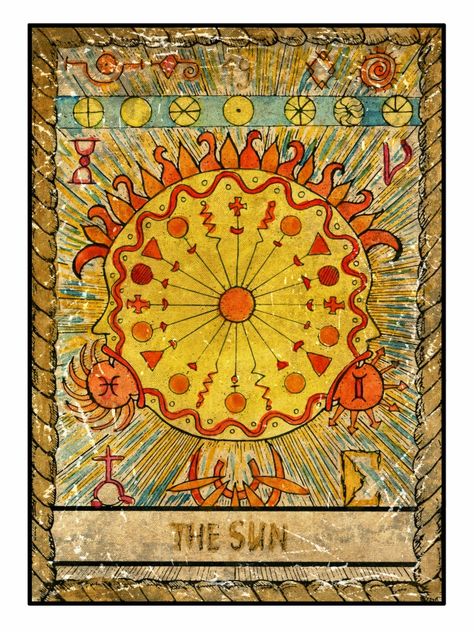 19. The Sun – This card is similar to The Fool, in that it's a coming back to innocence. It represents a positive energy and is a time to be inspired. You feel empowered by enthusiasm and vibrancy. This is one of the best cards in the deck. Funny Tarot, Sun Tarot Card, Engraved Illustration, Vintage Tarot Cards, Mystic Symbols, The Sun Tarot Card, The Sun Tarot, Vintage Tarot, Tarot Guide