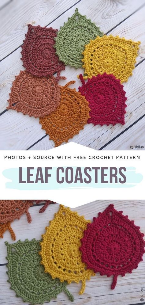 Leaf Coasters Free Crochet Pattern This is a perfect autumn decoration. These little Leaf Coasters will look amazing both on a wooden table, and as an applique on your poncho or a bag! You can make a garland using them, too. Go for typical autumnal colours, such as burgundy, mustard, browns and sage green, or try something more energetic! They are fast and easy to make. #crochetcoasters #crochetleaf #crochetforfall Crochet Borders For Blankets, Leaf Coasters, Crochet Coasters Free Pattern, Fall Crochet Patterns, Fall Crochet, Crochet Geek, Crochet Coaster Pattern, Autumn Decoration, Crochet Leaves