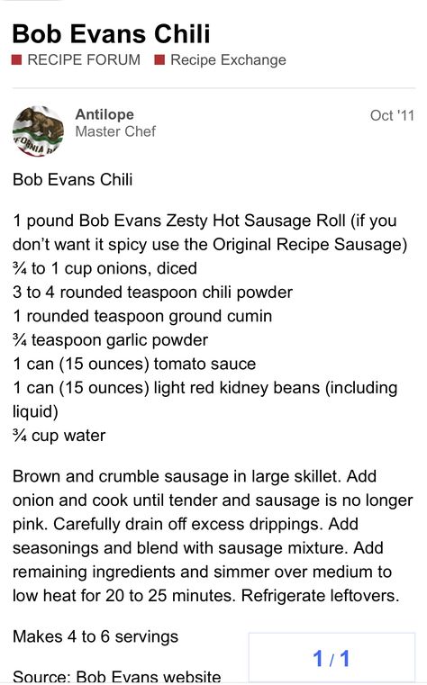 Bob Evans Sausage Chili Recipe, Bob Evans Chili Recipe, Sausage Chili Recipe, Sausage Chili, Pork Sausage Recipes, Julia Childs, Crockpot Soup, Bob Evans, Hot Sausage