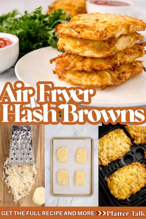 Air fryer hash browns are about to change your breakfast game forever! Imagine crispy, golden hash browns cooked to perfection without all the oil and mess of traditional frying. And, air fryer hash browns are generally considered healthier because they require less oil for cooking. | how to make hashbrowns from potatoes in air fryer | homemade hashbrowns easy | air fryer hashbrowns from scratch | air fryer hashbrown recioes | air fryer breakfast recipes | how to make hashbrowns Frozen Hash Brown Patties, Frozen Prepared Meals, Airfryer Breakfast, Hash Brown Patties, Homemade Hashbrowns, Air Fryer Recipes Breakfast, Simply Potatoes, Air Fryer Recipes Snacks, Breakfast Platter