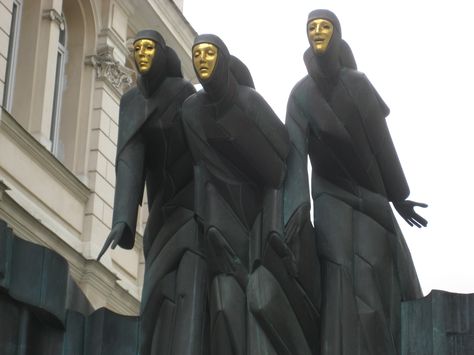 Sculpture of the Feast of the Three Musicians by sculptor S. Kuzma at National Drama Theatre in Vilnius, Lithuania Three Musicians, Comedy Theatre, Drama Fever, Vogue Magazine Covers, Drama Theatre, Venice Carnival, Vilnius Lithuania, Three Graces, A Star Is Born