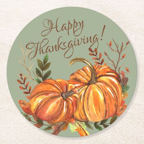 Thanksgiving Pumpkins Sage Green Round Paper Coaster - tap, personalize, buy right now! #RoundPaperCoaster #fall #thanksgiving #dinner #pumpkins #rustic Thanksgiving Pumpkins, Rustic Thanksgiving, Fall Canvas Painting, Thanksgiving Images, Fall Canvas, Pumpkin Stickers, Floral Squares, Thanksgiving Parties, Paper Coaster