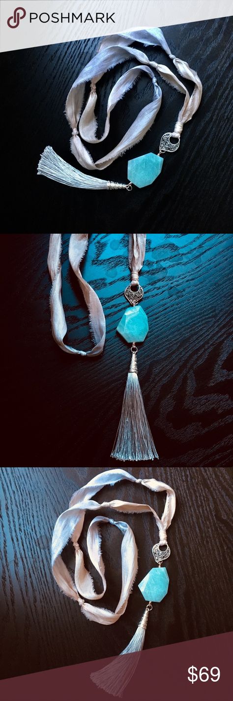 Silk Tassel Amazonite Necklace Beautiful ombre silk tassel necklace, long enough to slip over your head, no clasp, just silk. Genuine Amazonite freeform faceted pendant stone. Handcrafted, BOHO design made by yours truly 🌸  Also available in porcelain jasper, lapis lazuli, blue chalcedony, and white agate. Smitherine Designs Jewelry Necklaces Jasper Lapis, Silk Tassel Necklace, Lapis Lazuli Blue, Amazonite Necklace, White Agate, Boho Design, Boho Designs, Necklace Long, Blue Chalcedony