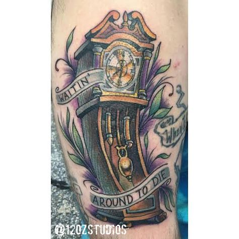 Grandfather Cartoon, Grandfather Clock Tattoo, Cartoon Clock, Lettering Tattoo, Custom Awards, Clock Tattoo, Time Tattoos, Grandfather Clock, Back Tattoos