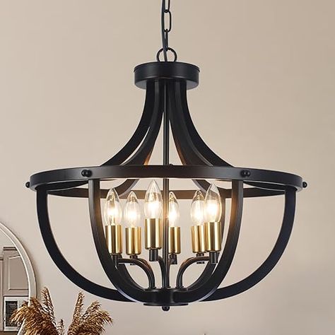 19.48" Black and Gold Farmhouse Cage Chandelier for Dining Room, 6-Light Vintage Round Pendant Light Fixture Adjustable Hanging for Kitchen Island Foyer Hallway Chandelier For Dining Room, Foyer Hallway, Cage Chandelier, Round Pendant Light, Dining Room Chandelier, Brass Chandelier, Round Pendant, Light Fixture, Black And Gold