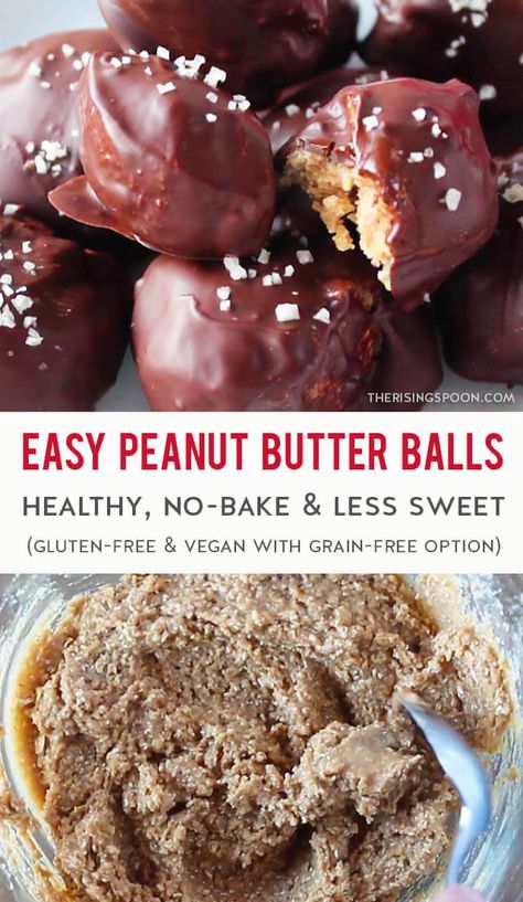 An easy no-bake recipe for the best healthy peanut butter balls that are sweetened with maple syrup, sightly thickened with ground oats, dipped in melted chocolate, then sprinkled with salt. These are just as satisfying as Buckeyes, but WAY less sweet. I promise you won't miss all that powdered sugar! The best part? You can make them ahead of time and stash them in the freezer until you're ready for dessert. They also make great homemade Christmas & holiday food gifts! (gluten-free) Healthy Peanut Butter Balls, Peanut Butter Balls Easy, Hot Fudge Cake, Hot Chocolate Fudge, Party Food Dessert, Butter Balls, Slow Cooker Desserts, Healthy Peanut Butter, Winter Desserts