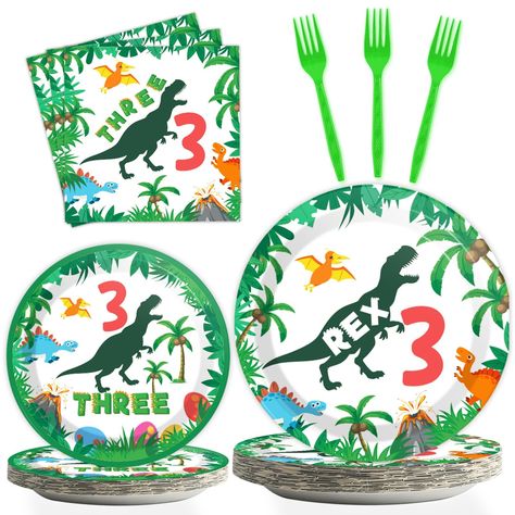 PRICES MAY VARY. Package Contents:These dinosaur dinnerware set including 24pcs 9 inch paper plates,24pcs 7 inch paper plates,24pcs Napkins,and 24pcs forks.You don't need to spend extra time to choose,and you will spend more time with your children. Quality material:The dinosaur theme dinnerware set of paper plates and napkins are made of high-quality non-polluting materials, and the forks are made of plastic. High-quality materials can provide you with high-quality experience and enjoyment, and 3 Rex Birthday Party, 3 Rex Birthday, Dinosaur 3rd Birthday, Dinosaur Theme Party, Birthday Plate, Birthday Napkins, Dino Birthday, Boy Decor, Baby Shower Party Supplies