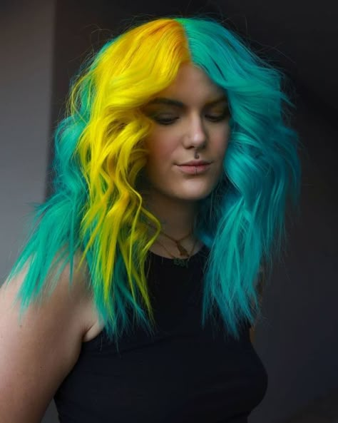 Neon Split Dye, Neon Color Hair, Neon Yellow Hair Color, Yellow And Teal Hair, Short Bright Colored Hair, Dark Vivid Hair Color, 2 Colour Hair, Neon Hair Color Ideas, Yellow And Blue Hair