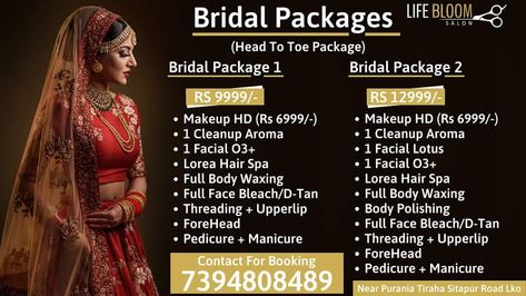 Life Bloom Salon Makeups Session  Bridal Makeup now only Rs 6999/- 😍 Engagement Makeup now only Rs 3499/- 🤩 Party Makeup now only Rs 1499)- 🎊🎉👰 Offer limited time booking start... Contact for Booking : 📳7394808489 Direct Contact By Whatsapp ::  https://api.whatsapp.com/send?phone=917394808489 Address :: 🗺️ Mohan Market Opp. Bharat Petrol Pump Near Purania Flyover Sitapur Road Lucknow  #lifebloomsalon #hair #skin #beauty #bridal #makeup #hairdo #dressdo #mac #hd #airbrush #gloom #love #lif Bridal Makeup Package Ideas, Beauty Parlour Offer Poster, Pre Bridal Packages, Freelance Makeup Artist Business, Henna Design Tutorial, Makeup Price List, Bridal Henna Design, Beauty Salon Marketing, Full Body Wax