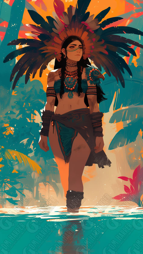 Aztec Eagle Knight bathing - Lago de Texcoco Aztec Aesthetic Outfit, Aztec Fashion Historical, Native Mexican Art, Ancient Aztec Clothing, Aztec Warrior Character Design, Aztec Traditional Clothing, Aztec Outfit Women, Aztec Woman Art, Dnd Aztec