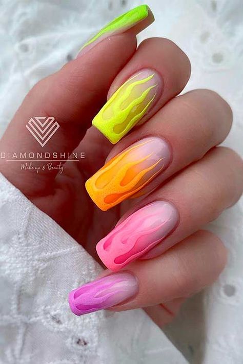 Multicolored Ombre Neon Fire Nails Design Check more at https://mangadexx.com/multicolored-ombre-neon-fire-nails-design/ Neon Fire Nails, Nails Design For Summer, Diy Nail Art Tutorial, Trendy Summer Nails, Nail Art Diy Easy, Nails Ombre, Cute Summer Nails, Healthy Nails, Fire Nails