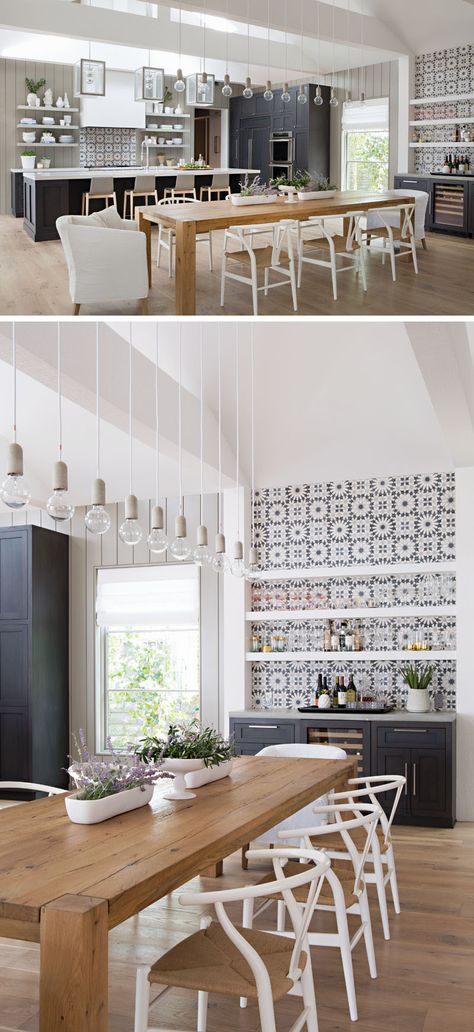 A Contemporary House In California Was Designed With Farmhouse Elements Throughout Farmhouse Kitchen Flooring, Farmhouse Lighting Dining, Trendy Farmhouse Kitchen, Kitchen Table Lighting, Simple Dining Table, Kitchen Table Chairs, Farmhouse Flooring, Farmhouse Kitchen Tables, Kitchen Wall Tiles