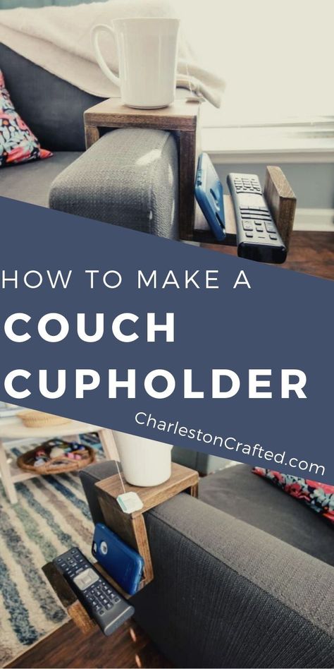 need a place to set your drink? This DIY wooden cup holder is easy to build using a kreg jig and slides right onto your sofa's arm! Click through for the full free plans! #charlestoncrafted #building #woodworking #freeplans #cupholder #sofa #livingroom