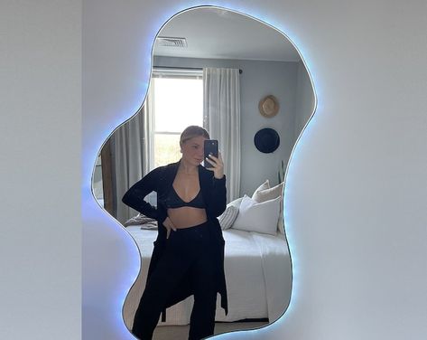 Tufted Mirror Wall Decor for Living Room Decorative Wavy - Etsy Asymmetrical Mirror Bedroom, Curvy Full Body Mirror, Full Body Squiggle Mirror, Unique Mirror Frame Ideas, Wavy Mirror Decor, Wavy Mirrors, Assymetrical Mirror, Unique Mirror Frame, Squiggle Mirror