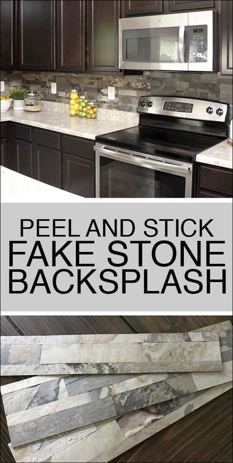 Easy to install peek and stick fake stone backsplash for your kitchen and home! Stone Kitchen Backsplash, Stone Backsplash Kitchen, Herringbone Backsplash, Diy Backsplash, Stone Backsplash, Stone Kitchen, Kitchen Decorating, Kitchen Redo, Counter Tops