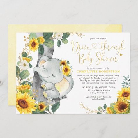 Summer Sunflower Elephant Drive By Baby Shower Invitation Baby Shower Elegante, Sunflower Elephant, Rustic Baby Shower Invitations, Sunflower Baby Showers, Safari Baby Shower Invitations, Summer Sunflower, Garden Baby Showers, Chic Baby Shower, Baby Elefant