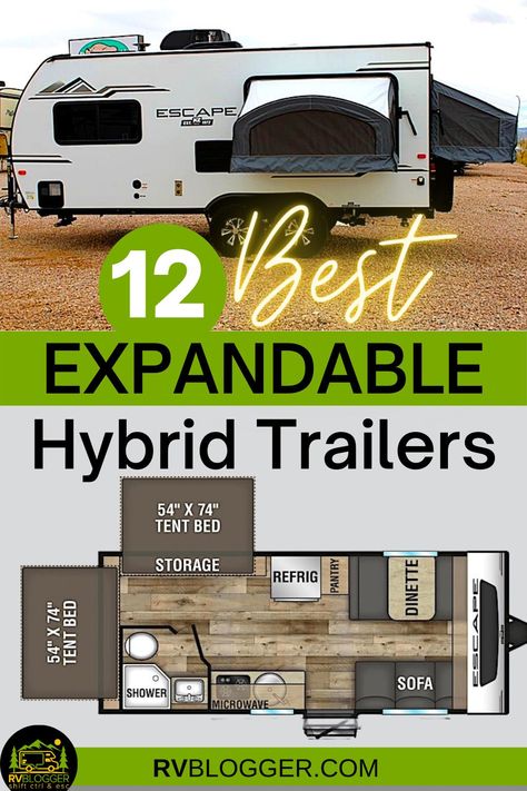 A Hybrid Trailer is the perfect combination of a Pop Up Camper and a Travel Trailer. Sleeping in the expandable bedding in like sleeping in a tent without being on the ground. Check out these 12 awesome expandable hybrid trailers. #rvblogger #hybridcamper #hybridtrailer #tentcamping #popup #popupcamper #rvreviews #rvbuyingtips Small Travel Trailer Remodel, Hybrid Travel Trailers, Small Camper Interior, Small Travel Trailer, Hybrid Camper, Hybrid Trucks, Small Camper, Pop Up Trailer, Trailer Tent