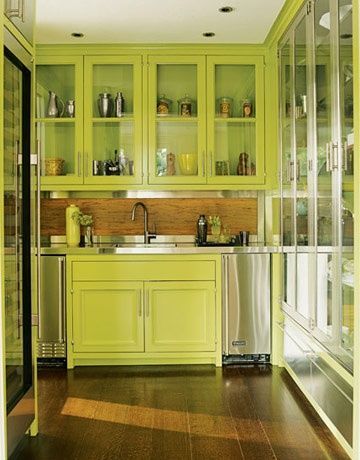 Chartreuse Kitchen, Lime Green Kitchen, Most Popular Paint Colors, Popular Paint Colors, Green Kitchen Cabinets, Smitten Kitchen, Green Cabinets, Butler Pantry, Yellow Kitchen