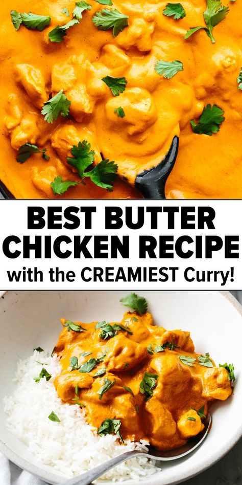 Butter chicken in a pan and served with basmati rice Butter Chicken Without Yogurt, Butter Chicken With Cashews, Tandoori Butter Chicken, Butter Chicken Spice Blend, Crockpot Indian Butter Chicken, Butter Chicken With Coconut Milk, Best Butter Chicken Recipe, Butter Chicken Spices, Chicken Recipes Juicy